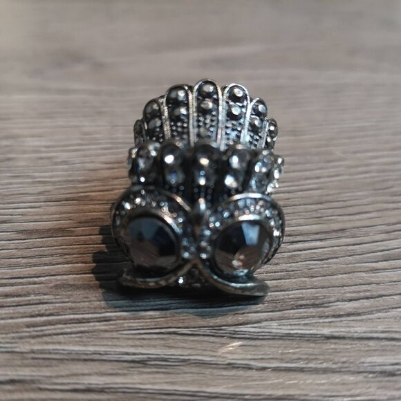 Stunning 80s vintage Victorian Rhinestone Owl-eye 3D2-ringed metal cocktail ring - Picture 2 of 12